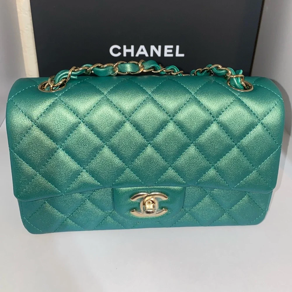 RARE NIB CHANEL IRIDESCENT GREEN CLASSIC MINI FLAP - Picture 6 of 17